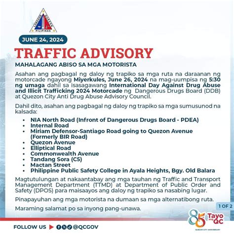 QC LGU issues traffic advisory for International Day Against Drug .